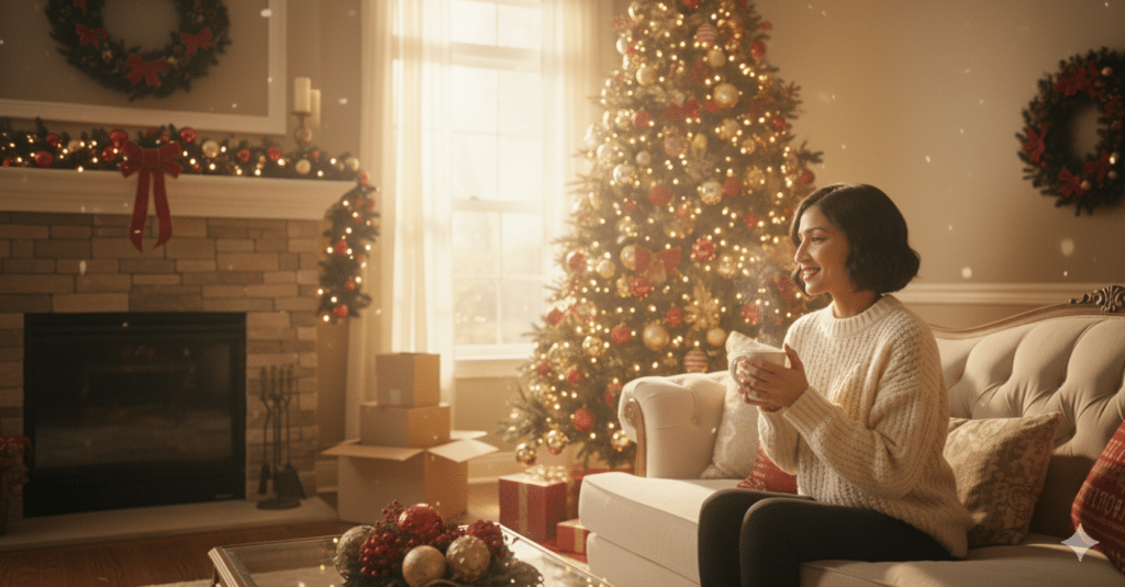 Lady on sofa with christmas tree - moving house at christmas